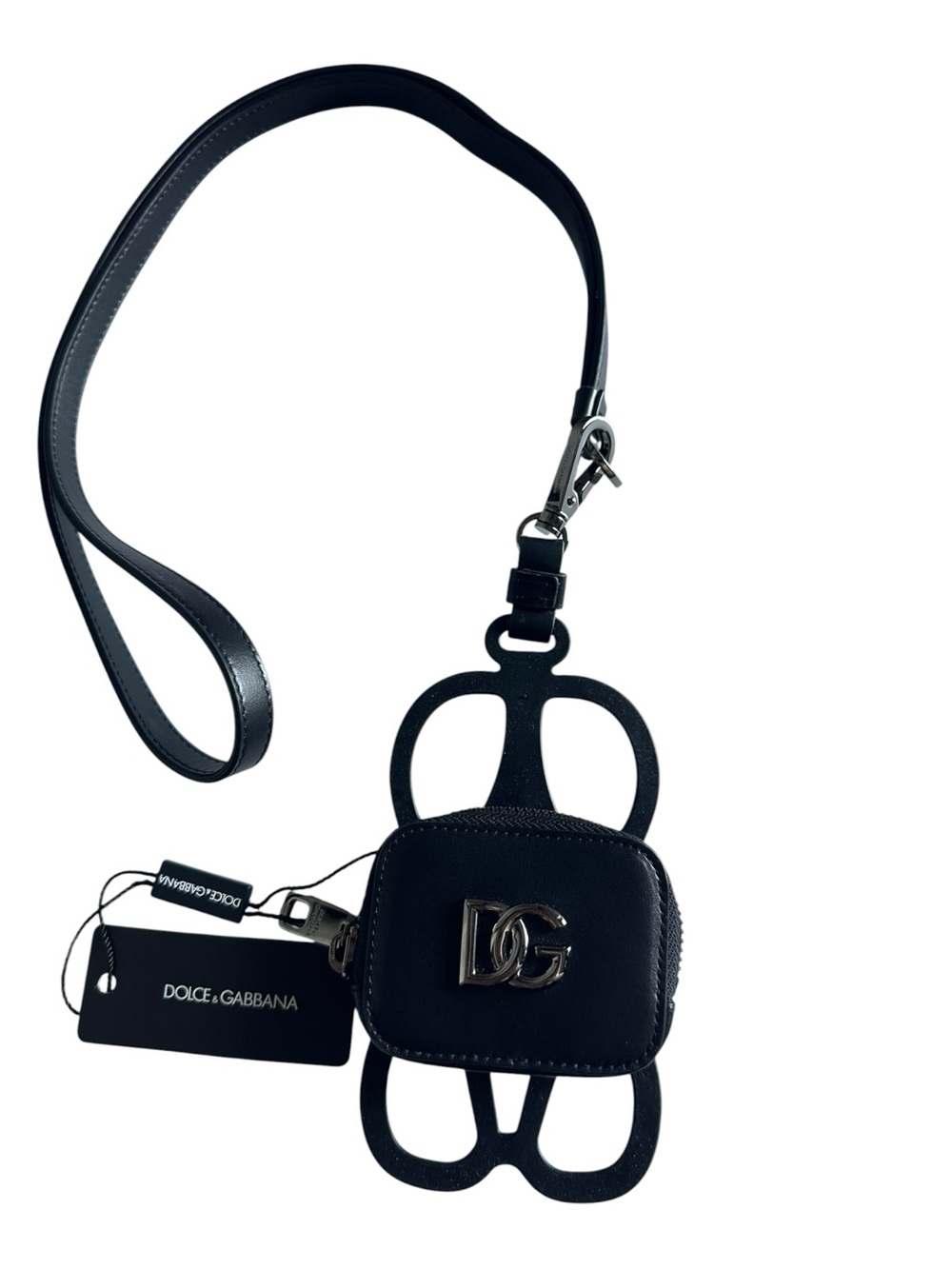 Dolce & Gabbana DG Logo Black Calfskin Leather Coin Purse Lanyard Wallet NWT - Picture 8 of 15